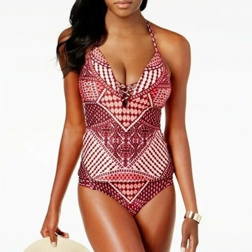NWT Kenneth Cole S Surplice V-Neck Push Up Halter Tankini Swim Top Bottom 131234